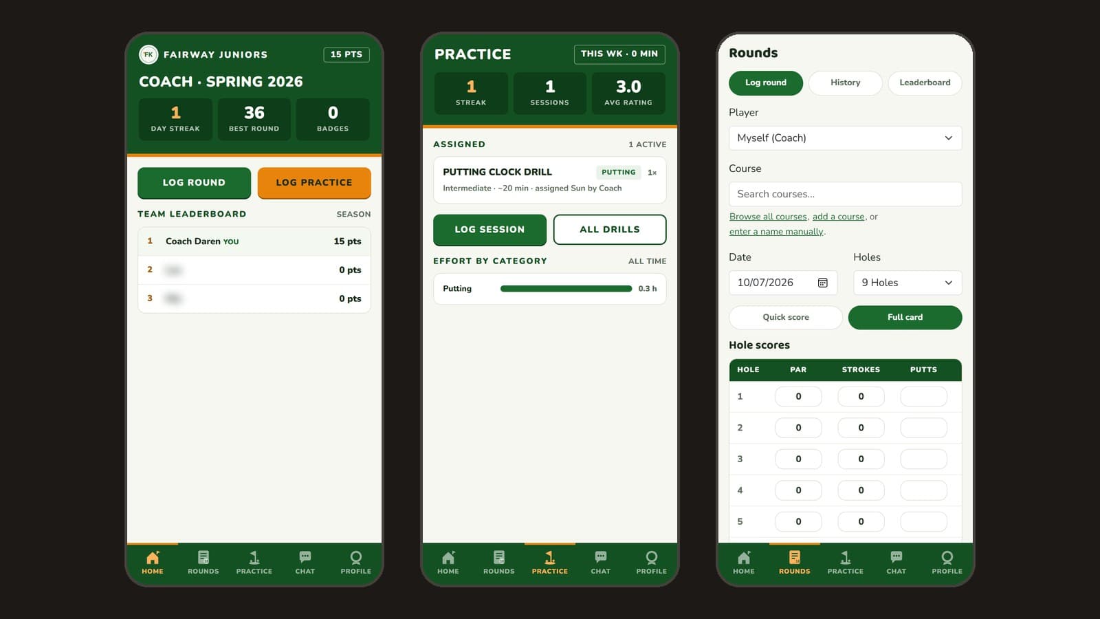 Three ForeKids phone screens: the team home with its leaderboard, the practice tab with an assigned drill, and the round scorecard.