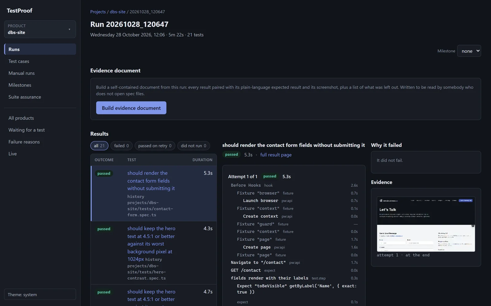 TestProof run view of the green run: 21 tests passed, with every step of the selected test listed.