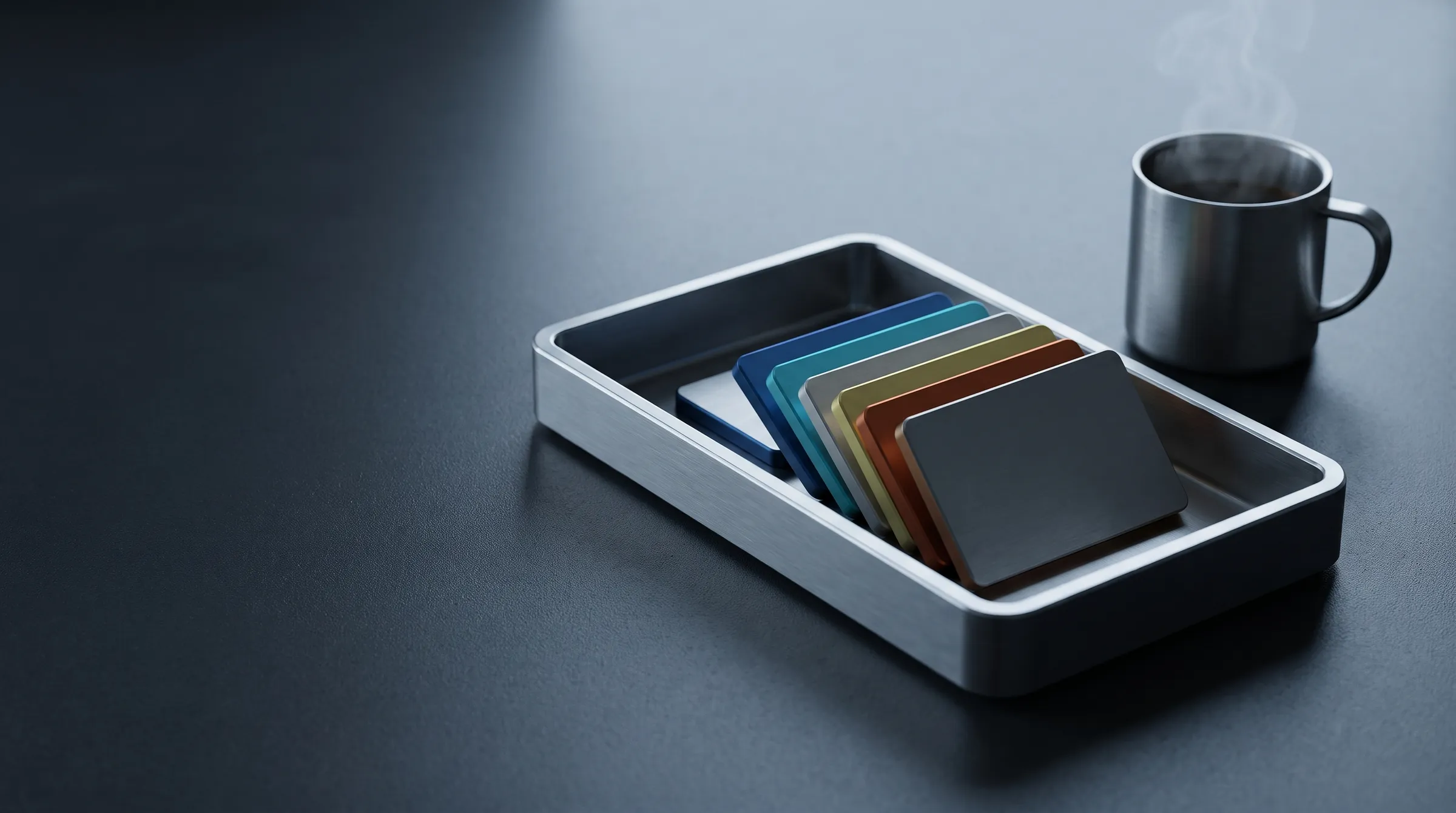 A steel tray holding colored metal cards in a fixed order, a steel coffee cup beside it.