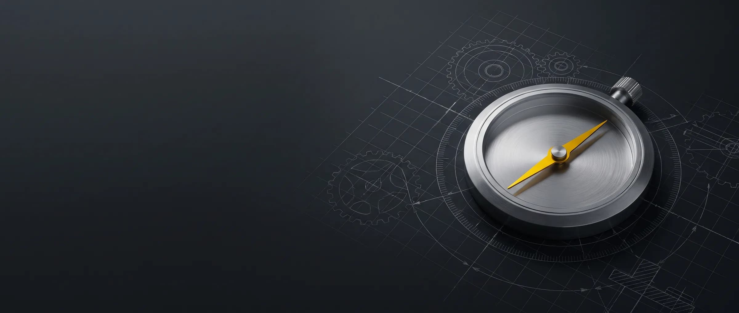 A brushed-steel compass with a yellow needle over a dark engineering drawing.