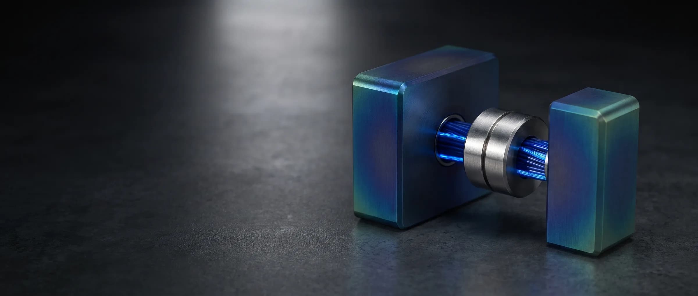 Two anodized metal blocks joined by a steel coupling, with blue light running through it.