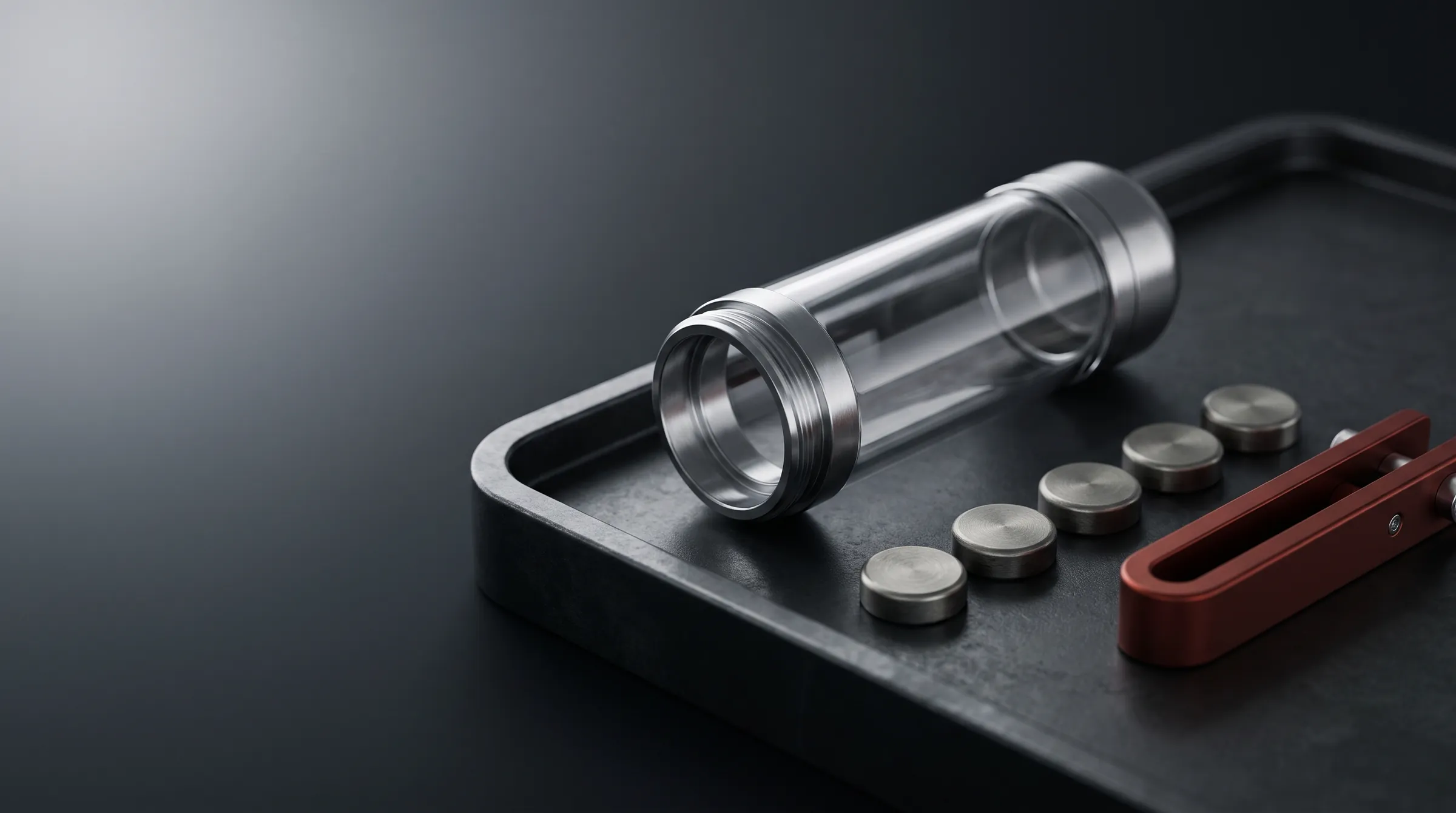 An open glass sample capsule on a steel tray, its metal tokens laid out in a row beside a red clamp.