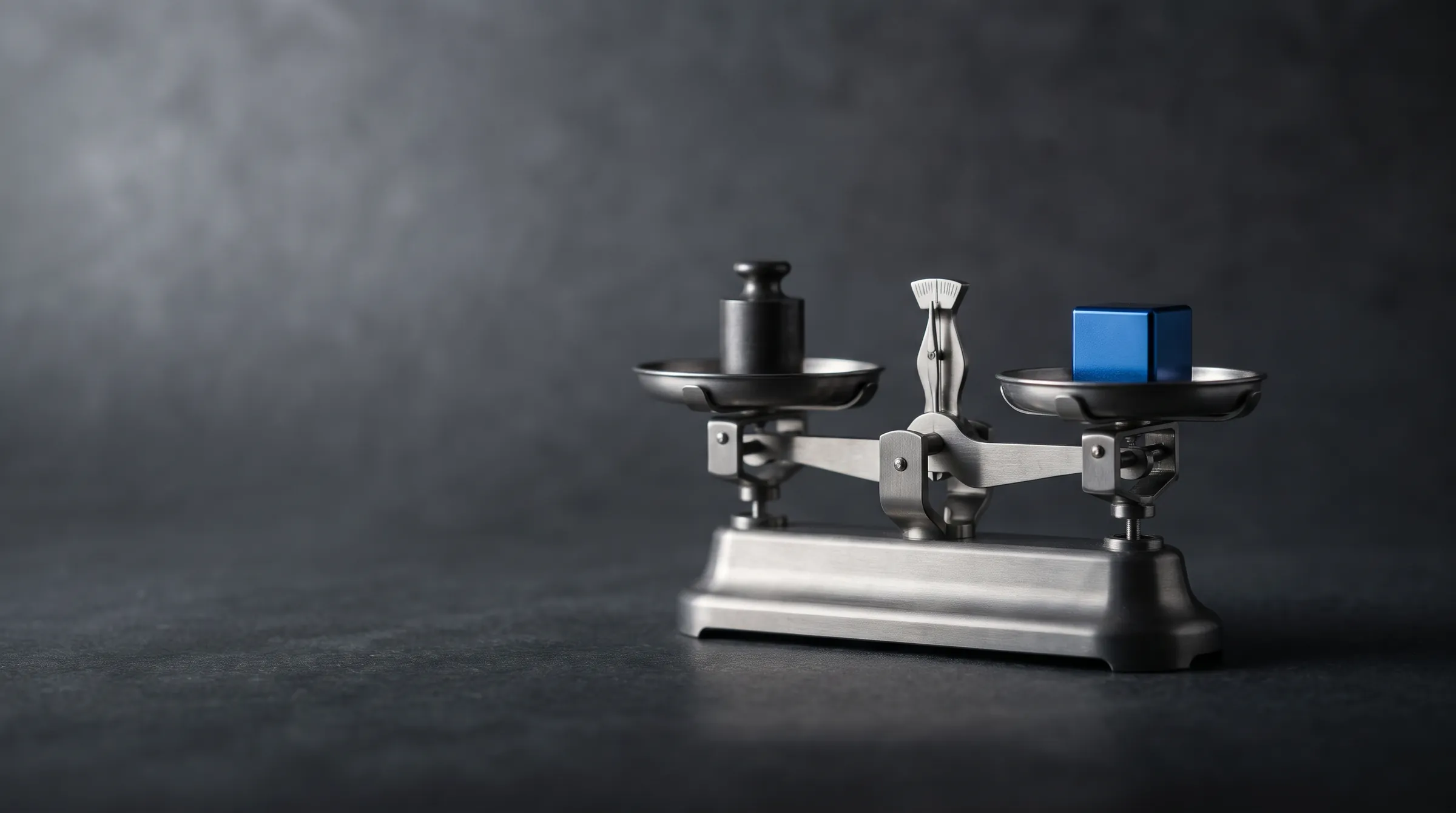 A steel balance scale held level, a blue cube on one pan and a matched weight on the other.