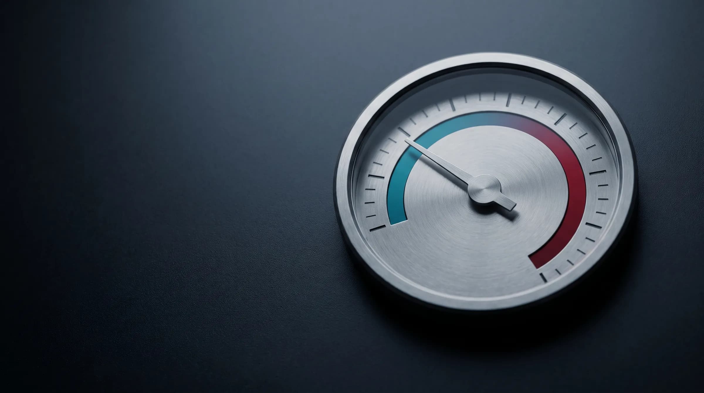 A steel gauge with an unmarked face, its needle in the teal band short of the red.