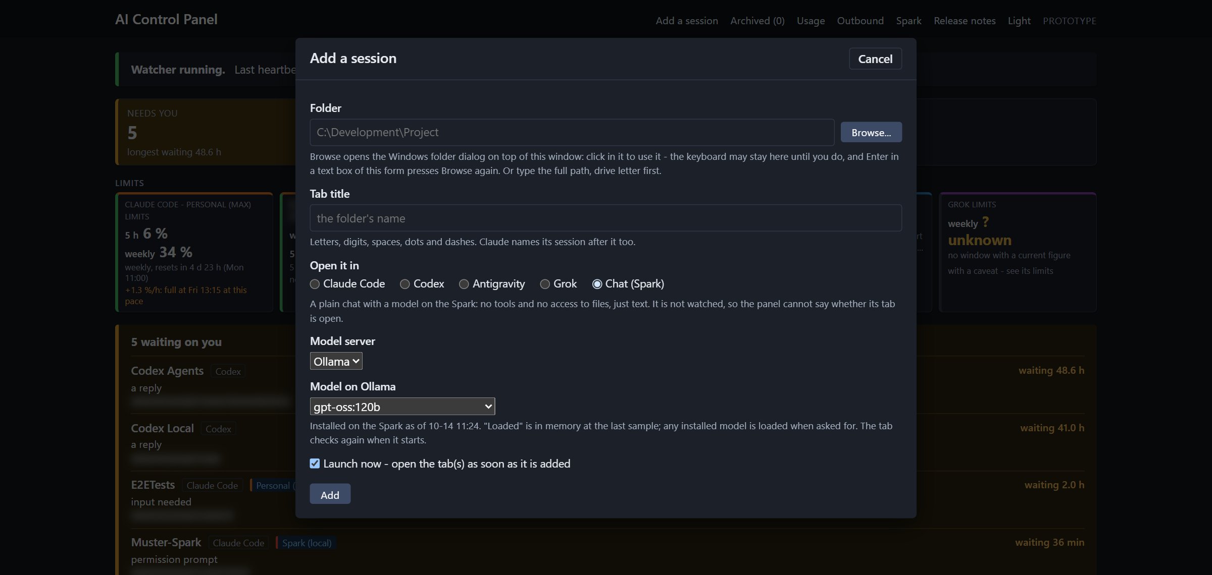 Add a session with Chat (Spark) selected, Ollama as the server and gpt-oss:120b as the model