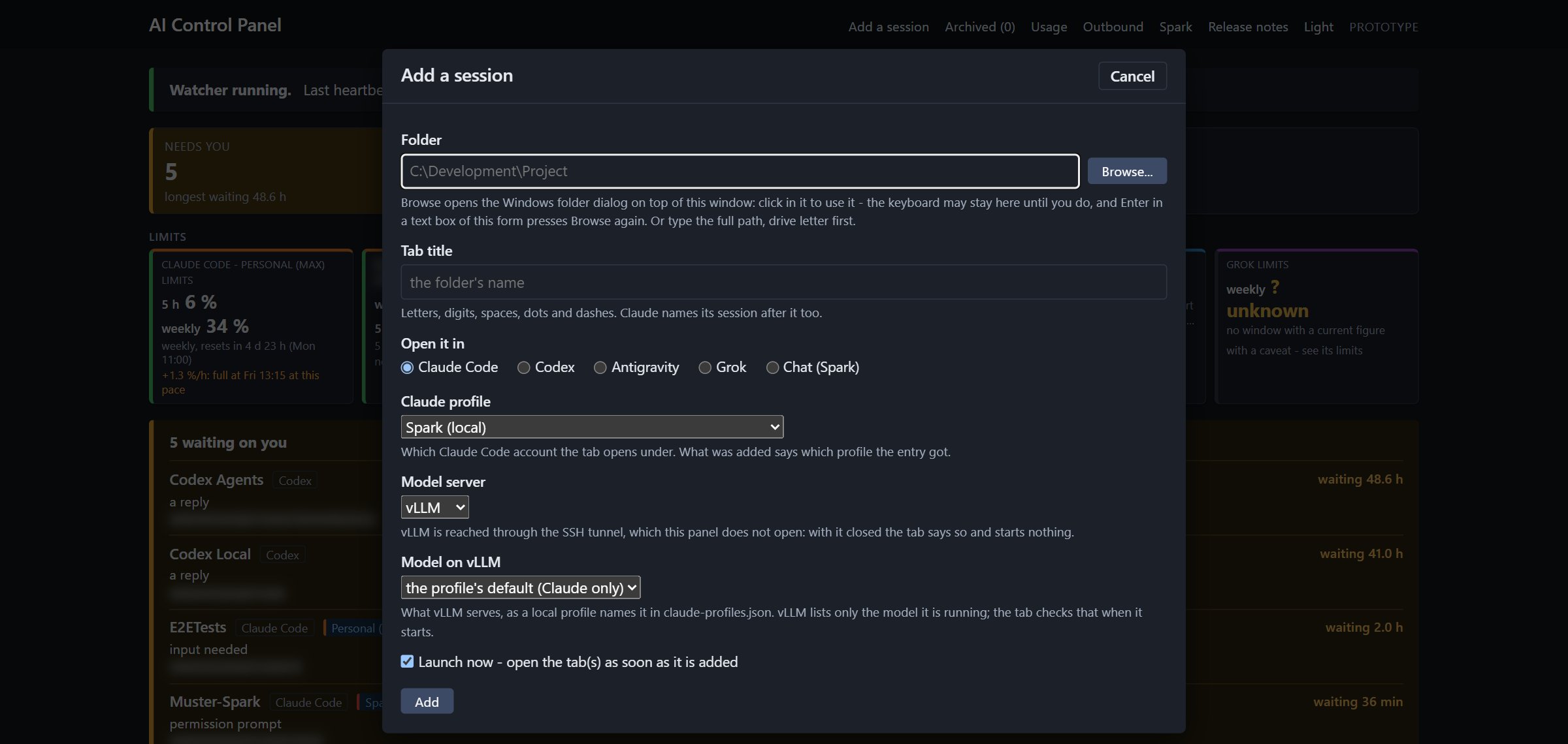 Add a session with Claude Code selected, the Spark (local) profile, and vLLM as the model server