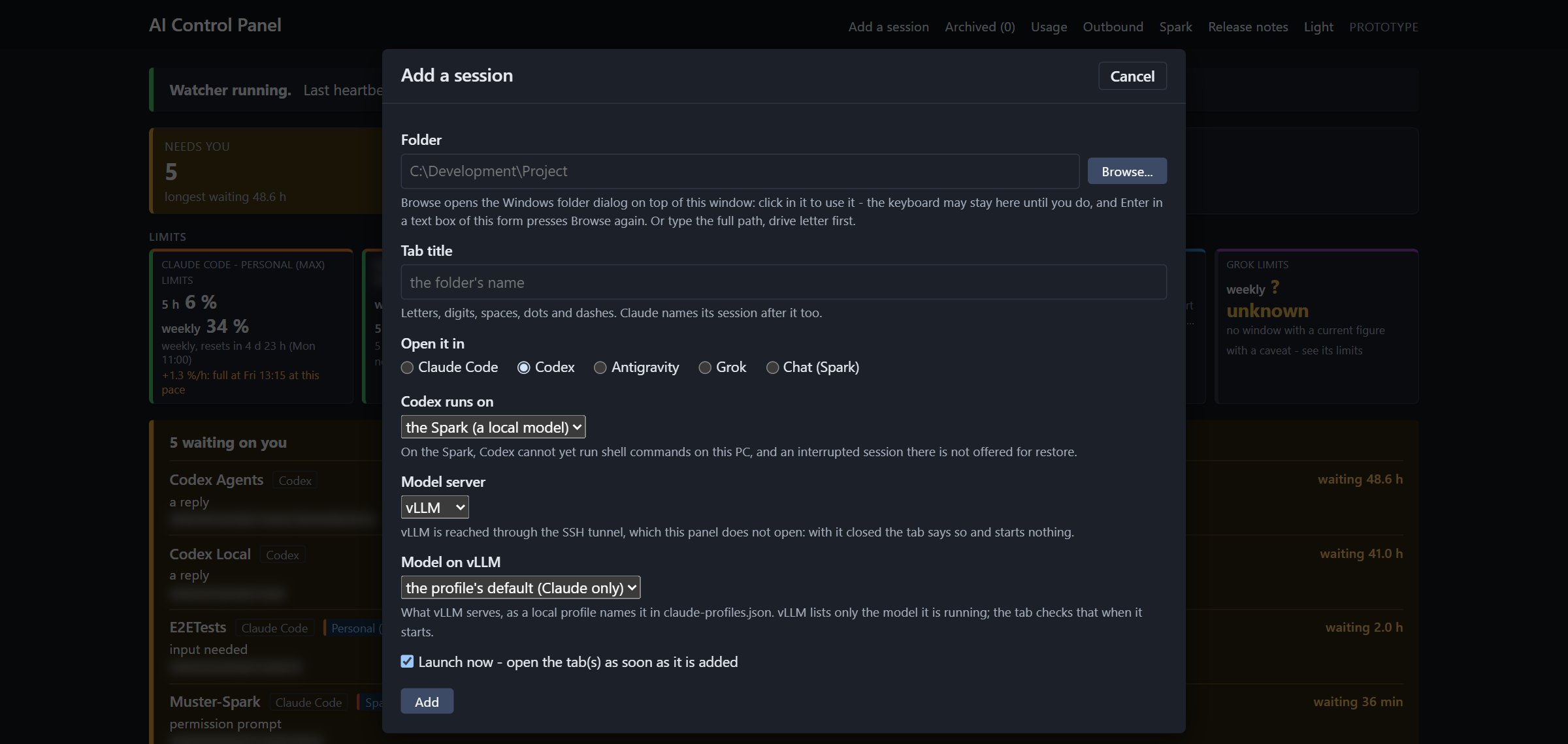 Add a session with Codex set to run on the Spark as a local model
