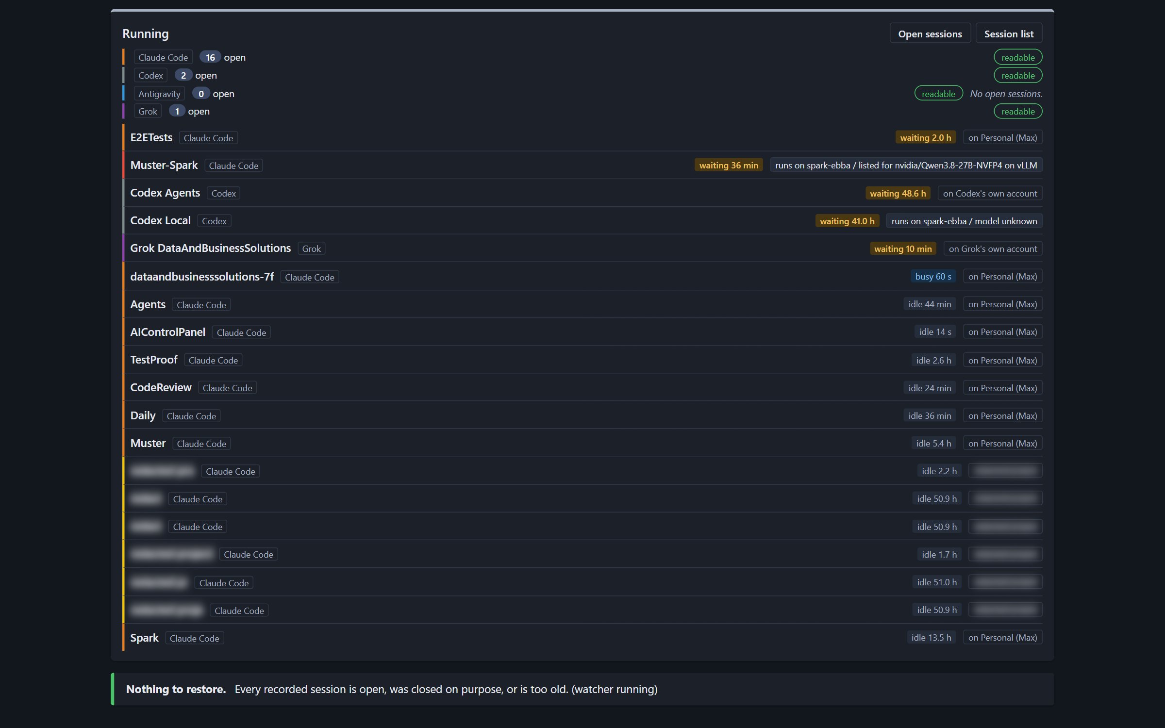 The Running list: each session with its CLI, how long it has been busy or idle, and which account it runs on, including one session that runs on spark-ebba on a vLLM model